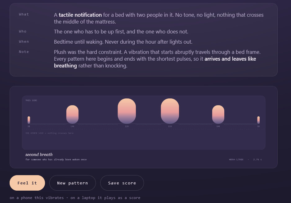 Hush Lullaby — a lullaby with no audio at all. It plays through a phone's haptic motor for one sleeper, so the other side of the bed hears nothing.