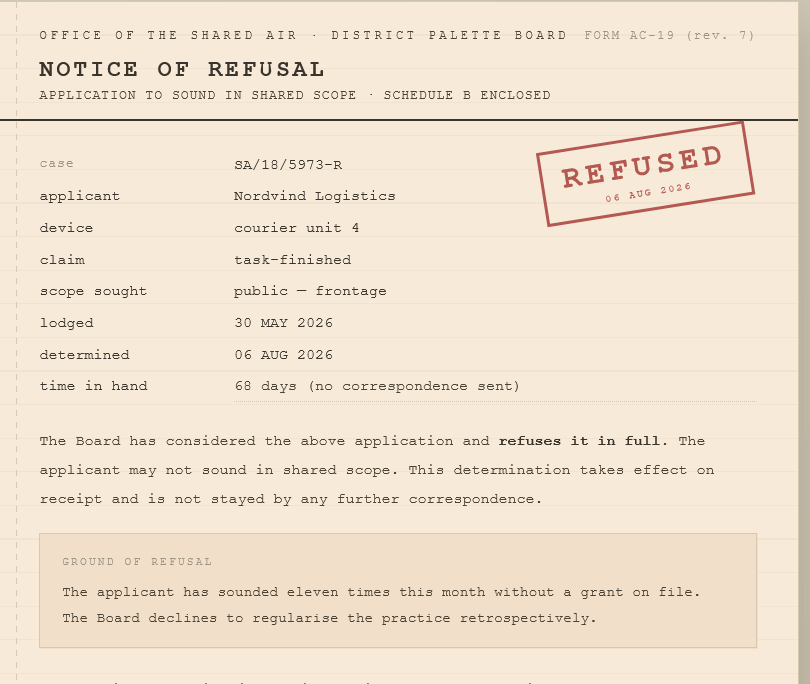 Notice of Refusal — APPLICATION TO SOUND IN SHARED SCOPE - 
    A sonic intervention for a shared space.
